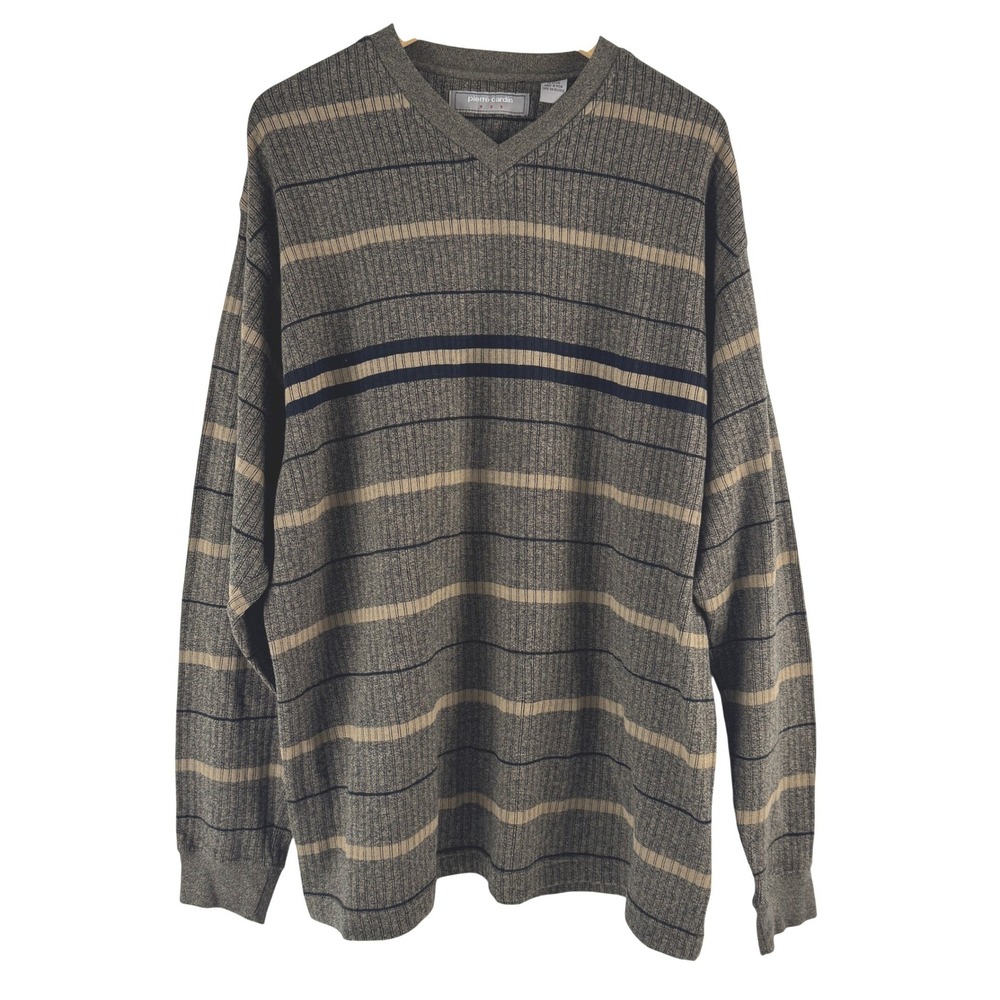 Pierre Cardin Mens XL Brown Striped V-Neck 100% Cotton Ribbed Knit Sweater